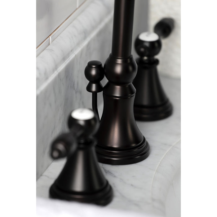 Kingston Tulare KS2985TAL - Tudor Two-Handle 3-Hole Deck Mount Widespread Bathroom Faucet with Brass Pop-Up, Oil Rubbed Bronze