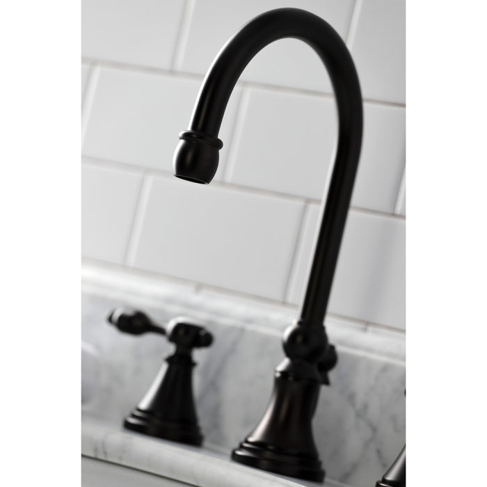Kingston Tulare KS2985TAL - Tudor Two-Handle 3-Hole Deck Mount Widespread Bathroom Faucet with Brass Pop-Up, Oil Rubbed Bronze
