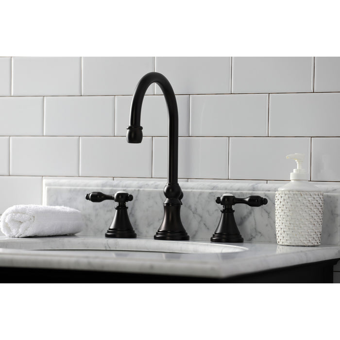Kingston Tulare KS2985TAL - Tudor Two-Handle 3-Hole Deck Mount Widespread Bathroom Faucet with Brass Pop-Up, Oil Rubbed Bronze