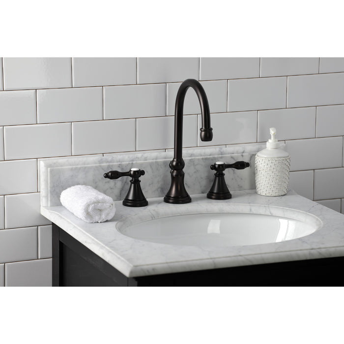 Kingston Tulare KS2985TAL - Tudor Two-Handle 3-Hole Deck Mount Widespread Bathroom Faucet with Brass Pop-Up, Oil Rubbed Bronze