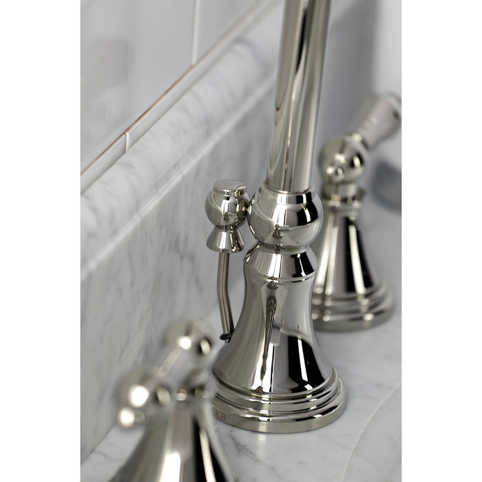 Kingston Tulare KS2986AL - Governor Two-Handle 3-Hole Deck Mount Widespread Bathroom Faucet with Brass Pop-Up, Polished Nickel