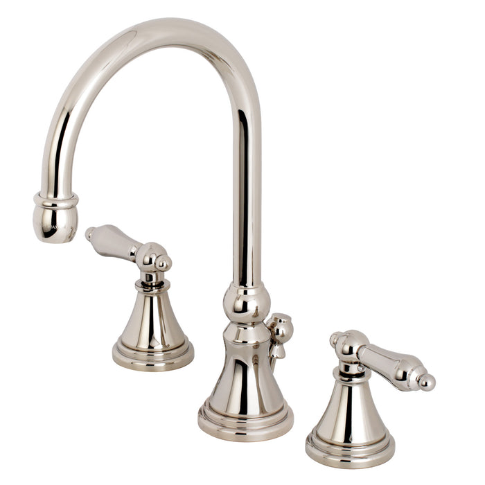 Kingston Tulare KS2986AL - Governor Two-Handle 3-Hole Deck Mount Widespread Bathroom Faucet with Brass Pop-Up, Polished Nickel