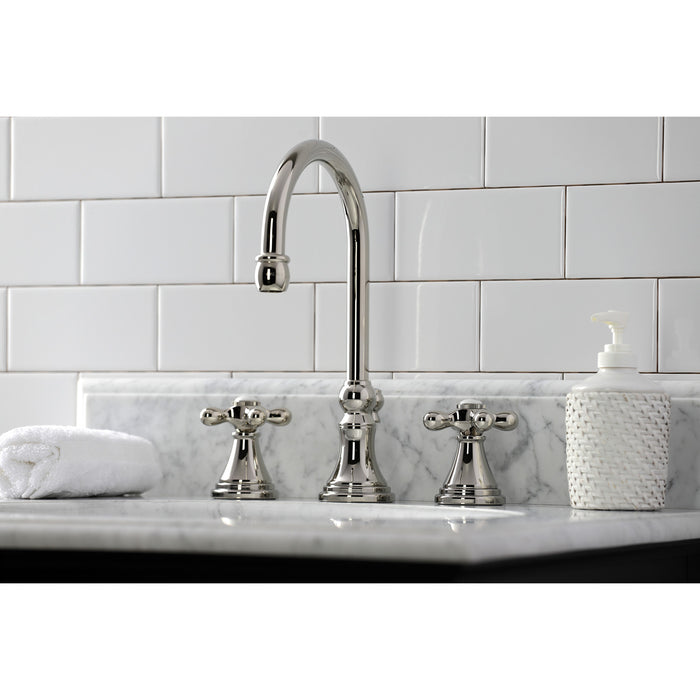 Kingston Tulare KS2986AX - Governor Two-Handle 3-Hole Deck Mount Widespread Bathroom Faucet with Brass Pop-Up, Polished Nickel