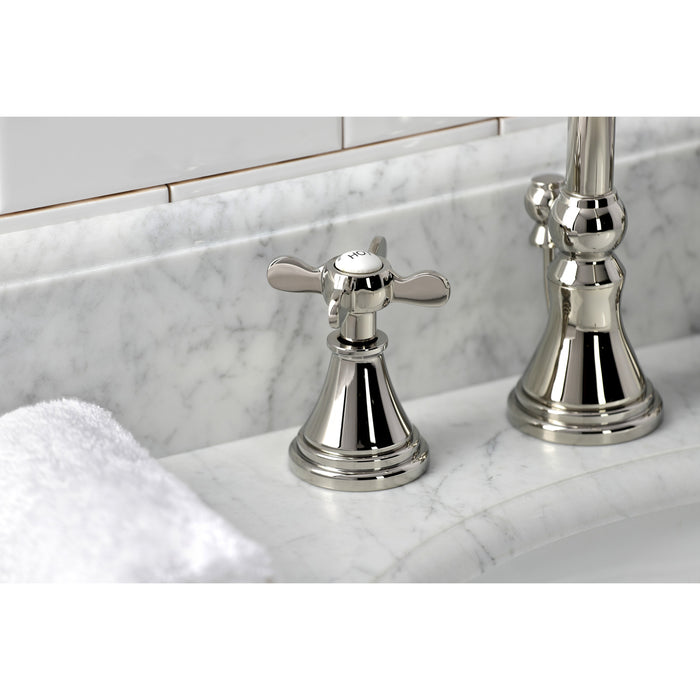 Kingston Tulare KS2986BEX - Essex Two-Handle 3-Hole Deck Mount Widespread Bathroom Faucet with Brass Pop-Up, Polished Nickel