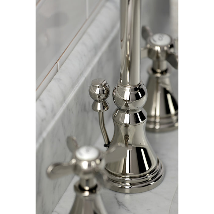 Kingston Tulare KS2986BEX - Essex Two-Handle 3-Hole Deck Mount Widespread Bathroom Faucet with Brass Pop-Up, Polished Nickel