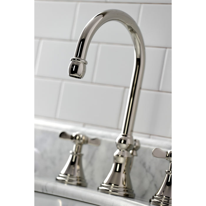 Kingston Tulare KS2986BEX - Essex Two-Handle 3-Hole Deck Mount Widespread Bathroom Faucet with Brass Pop-Up, Polished Nickel