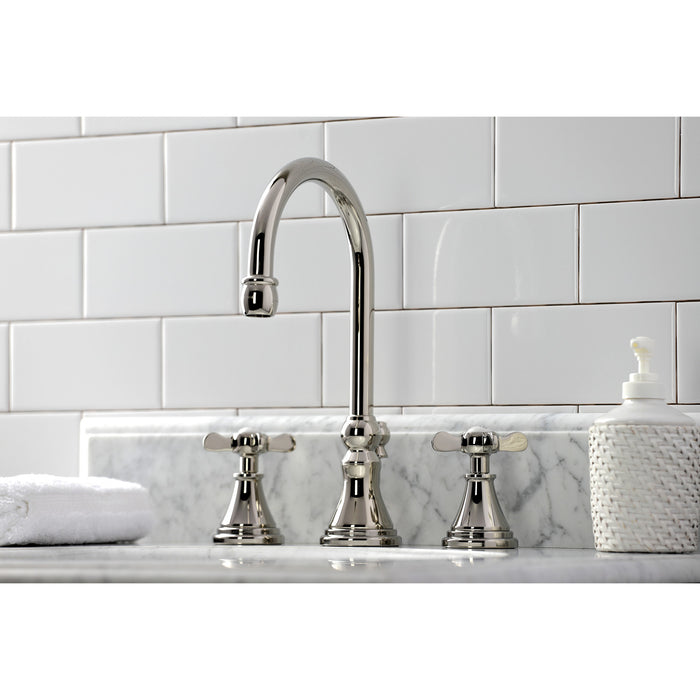 Kingston Tulare KS2986BEX - Essex Two-Handle 3-Hole Deck Mount Widespread Bathroom Faucet with Brass Pop-Up, Polished Nickel