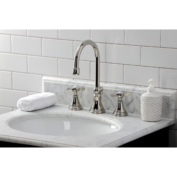 Kingston Tulare KS2986BEX - Essex Two-Handle 3-Hole Deck Mount Widespread Bathroom Faucet with Brass Pop-Up, Polished Nickel
