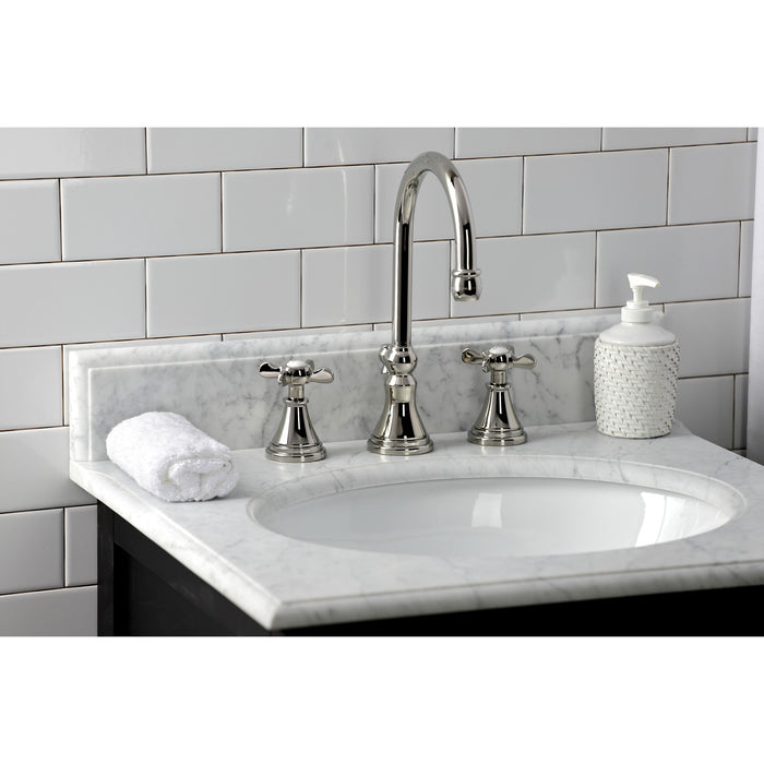 Kingston Tulare KS2986BEX - Essex Two-Handle 3-Hole Deck Mount Widespread Bathroom Faucet with Brass Pop-Up, Polished Nickel