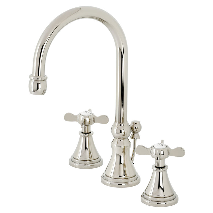 Kingston Tulare KS2986BEX - Essex Two-Handle 3-Hole Deck Mount Widespread Bathroom Faucet with Brass Pop-Up, Polished Nickel