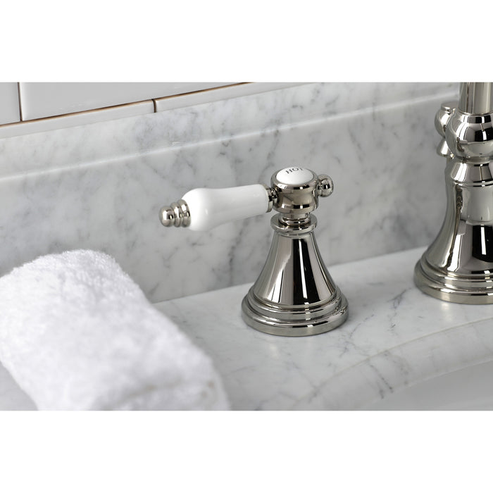 Kingston Tulare KS2986BPL - Bel-Air Two-Handle 3-Hole Deck Mount Widespread Bathroom Faucet with Brass Pop-Up, Polished Nickel