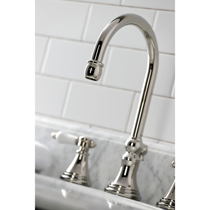 Kingston Tulare KS2986BPL - Bel-Air Two-Handle 3-Hole Deck Mount Widespread Bathroom Faucet with Brass Pop-Up, Polished Nickel