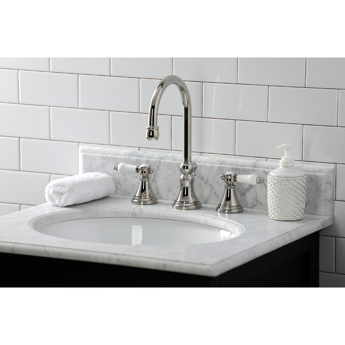 Kingston Tulare KS2986BPL - Bel-Air Two-Handle 3-Hole Deck Mount Widespread Bathroom Faucet with Brass Pop-Up, Polished Nickel