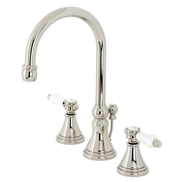 Kingston Tulare KS2986BPL - Bel-Air Two-Handle 3-Hole Deck Mount Widespread Bathroom Faucet with Brass Pop-Up, Polished Nickel