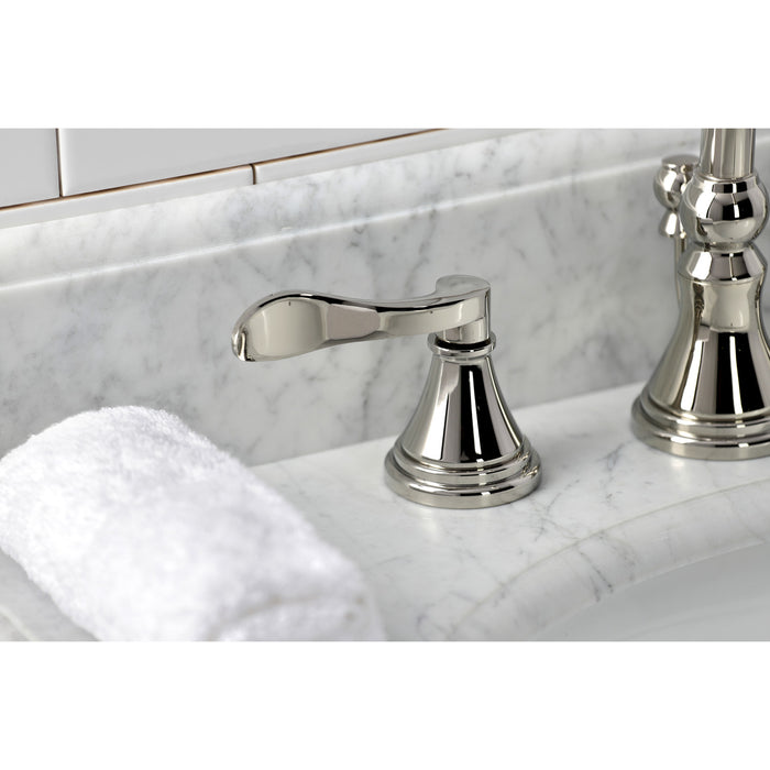 Kingston Tulare KS2986DFL - NuFrench Two-Handle 3-Hole Deck Mount Widespread Bathroom Faucet with Brass Pop-Up, Polished Nickel