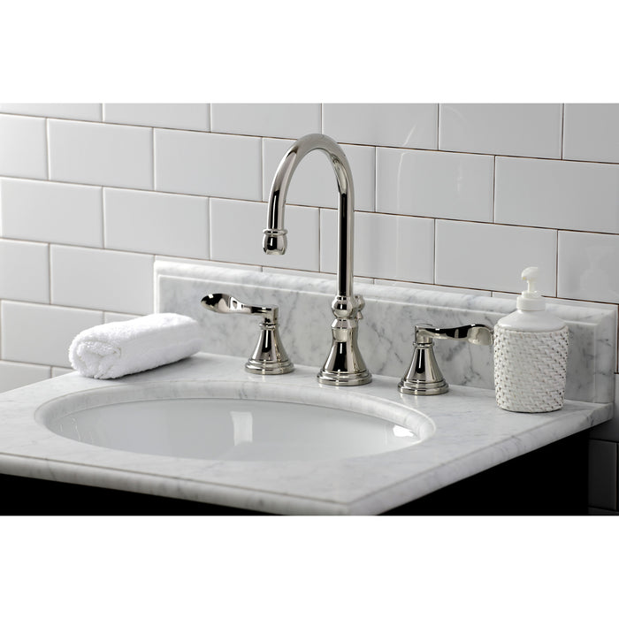 Kingston Tulare KS2986DFL - NuFrench Two-Handle 3-Hole Deck Mount Widespread Bathroom Faucet with Brass Pop-Up, Polished Nickel