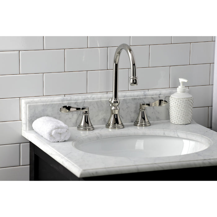 Kingston Tulare KS2986DFL - NuFrench Two-Handle 3-Hole Deck Mount Widespread Bathroom Faucet with Brass Pop-Up, Polished Nickel