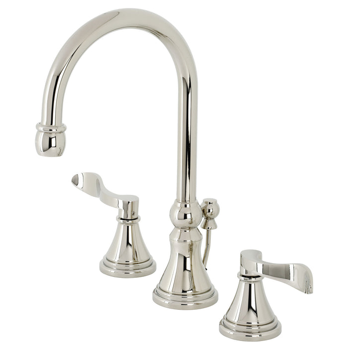 Kingston Tulare KS2986DFL - NuFrench Two-Handle 3-Hole Deck Mount Widespread Bathroom Faucet with Brass Pop-Up, Polished Nickel