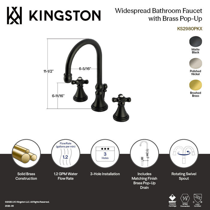 Kingston Tulare KS2986PKX - Duchess Two-Handle 3-Hole Deck Mount Widespread Bathroom Faucet with Brass Pop-Up, Polished Nickel