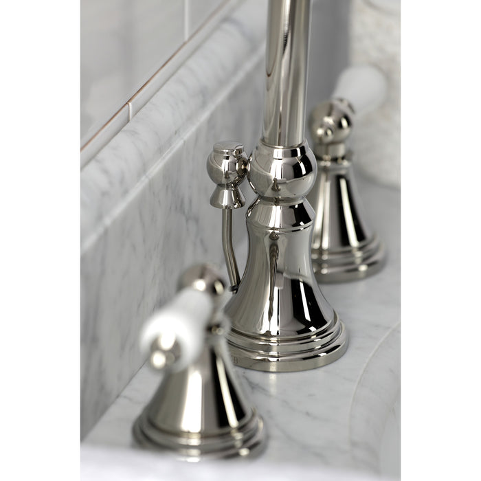 Kingston Tulare KS2986PL - Governor Two-Handle 3-Hole Deck Mount Widespread Bathroom Faucet with Brass Pop-Up, Polished Nickel