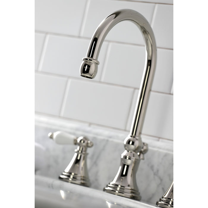 Kingston Tulare KS2986PL - Governor Two-Handle 3-Hole Deck Mount Widespread Bathroom Faucet with Brass Pop-Up, Polished Nickel