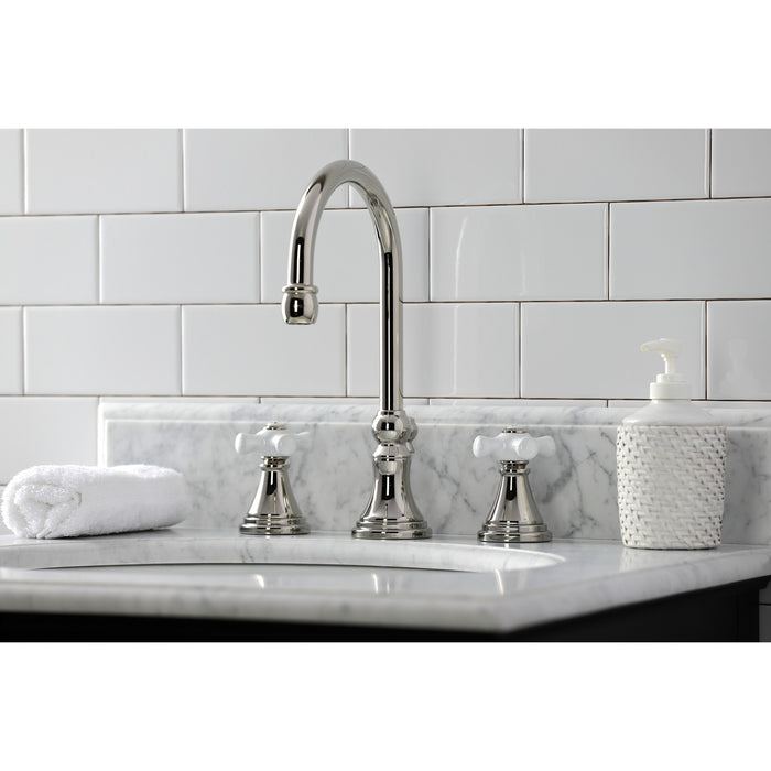 Kingston Tulare KS2986PX - Governor Two-Handle 3-Hole Deck Mount Widespread Bathroom Faucet with Brass Pop-Up, Polished Nickel