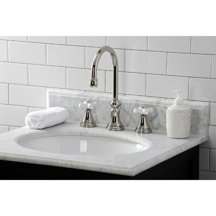 Kingston Tulare KS2986PX - Governor Two-Handle 3-Hole Deck Mount Widespread Bathroom Faucet with Brass Pop-Up, Polished Nickel