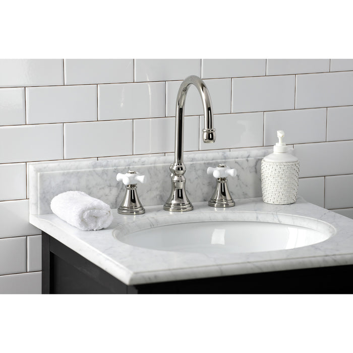Kingston Tulare KS2986PX - Governor Two-Handle 3-Hole Deck Mount Widespread Bathroom Faucet with Brass Pop-Up, Polished Nickel