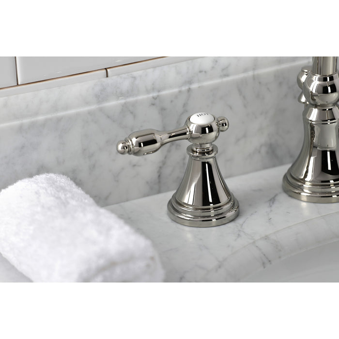Kingston Tulare KS2986TAL - Tudor Two-Handle 3-Hole Deck Mount Widespread Bathroom Faucet with Brass Pop-Up, Polished Nickel