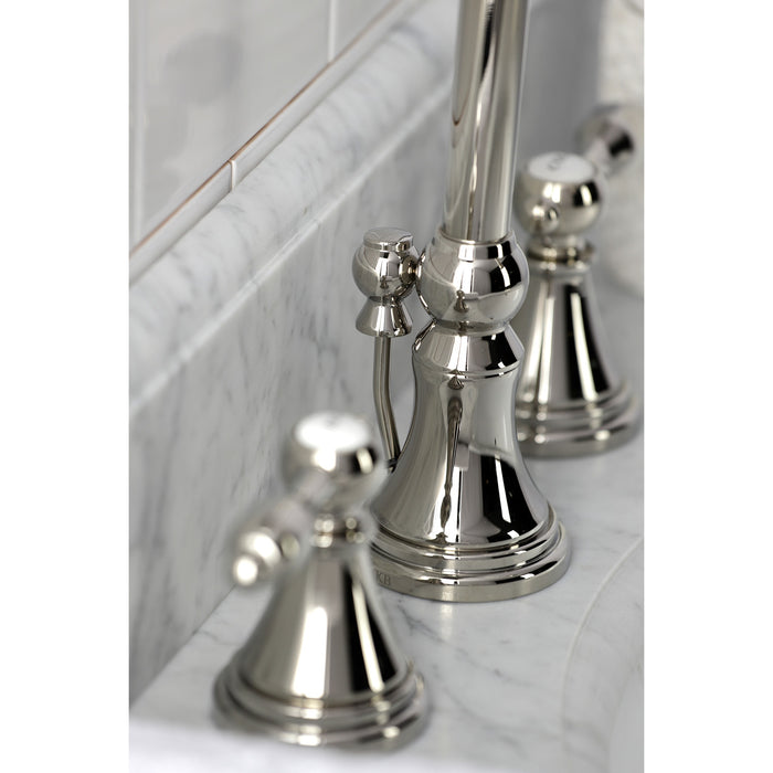 Kingston Tulare KS2986TAL - Tudor Two-Handle 3-Hole Deck Mount Widespread Bathroom Faucet with Brass Pop-Up, Polished Nickel