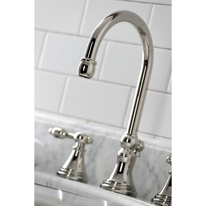Kingston Tulare KS2986TAL - Tudor Two-Handle 3-Hole Deck Mount Widespread Bathroom Faucet with Brass Pop-Up, Polished Nickel