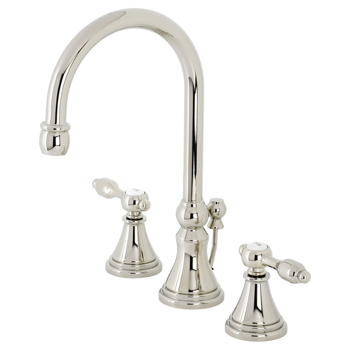 Kingston Tulare KS2986TAL - Tudor Two-Handle 3-Hole Deck Mount Widespread Bathroom Faucet with Brass Pop-Up, Polished Nickel