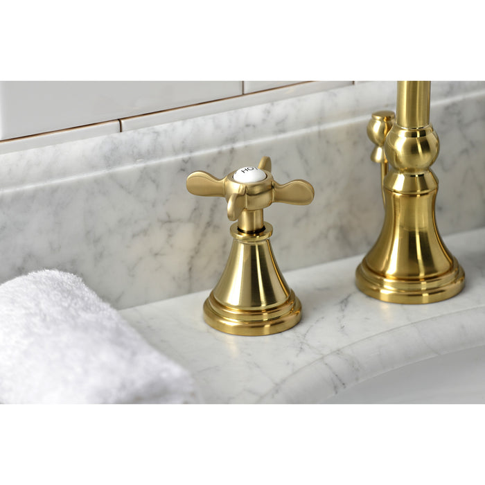 Kingston Tulare KS2987BEX - Essex Two-Handle 3-Hole Deck Mount Widespread Bathroom Faucet with Brass Pop-Up, Brushed Brass