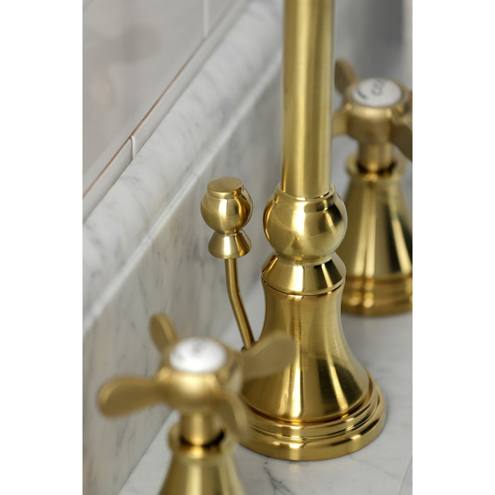 Kingston Tulare KS2987BEX - Essex Two-Handle 3-Hole Deck Mount Widespread Bathroom Faucet with Brass Pop-Up, Brushed Brass