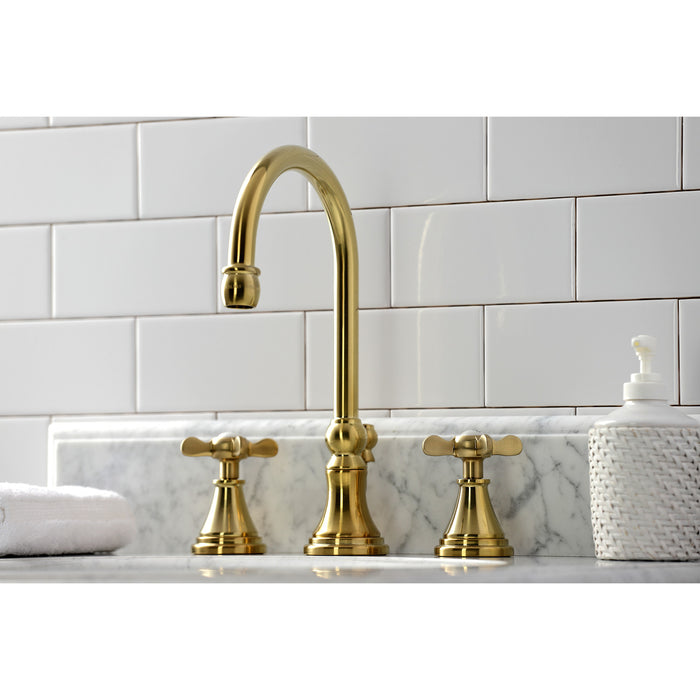 Kingston Tulare KS2987BEX - Essex Two-Handle 3-Hole Deck Mount Widespread Bathroom Faucet with Brass Pop-Up, Brushed Brass