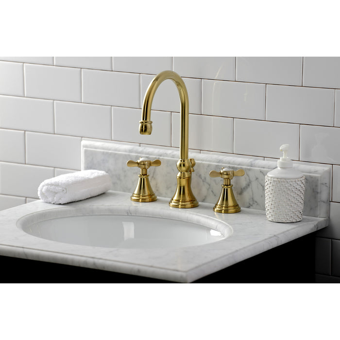 Kingston Tulare KS2987BEX - Essex Two-Handle 3-Hole Deck Mount Widespread Bathroom Faucet with Brass Pop-Up, Brushed Brass