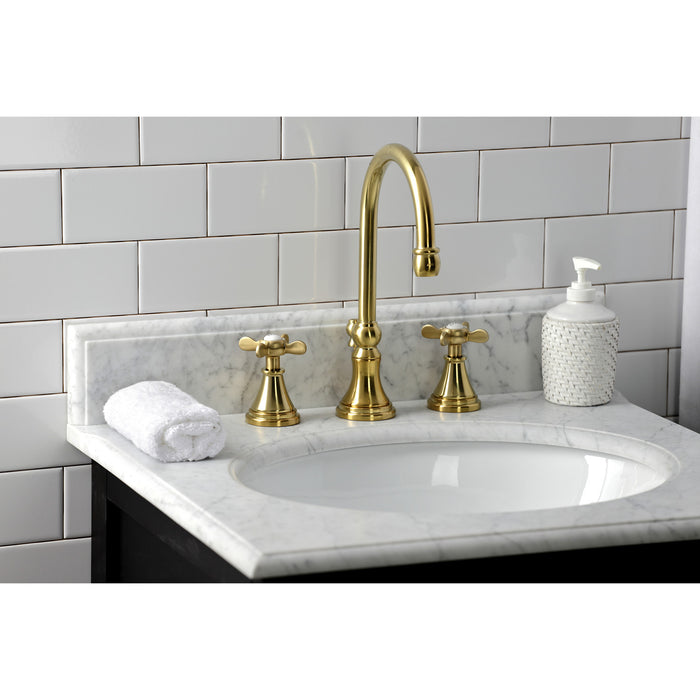 Kingston Tulare KS2987BEX - Essex Two-Handle 3-Hole Deck Mount Widespread Bathroom Faucet with Brass Pop-Up, Brushed Brass