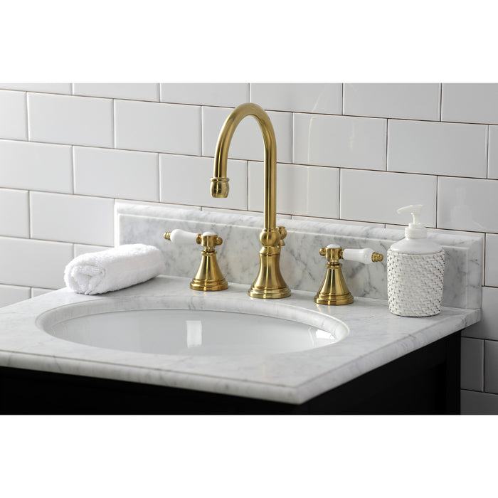 Kingston Tulare KS2987BPL - Bel-Air Two-Handle 3-Hole Deck Mount Widespread Bathroom Faucet with Brass Pop-Up, Brushed Brass