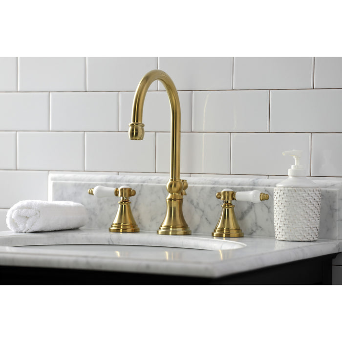Kingston Tulare KS2987BPL - Bel-Air Two-Handle 3-Hole Deck Mount Widespread Bathroom Faucet with Brass Pop-Up, Brushed Brass