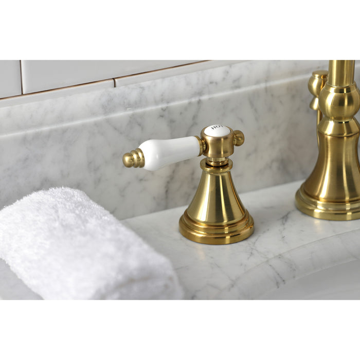 Kingston Tulare KS2987BPL - Bel-Air Two-Handle 3-Hole Deck Mount Widespread Bathroom Faucet with Brass Pop-Up, Brushed Brass
