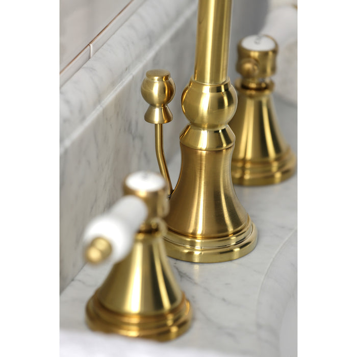 Kingston Tulare KS2987BPL - Bel-Air Two-Handle 3-Hole Deck Mount Widespread Bathroom Faucet with Brass Pop-Up, Brushed Brass