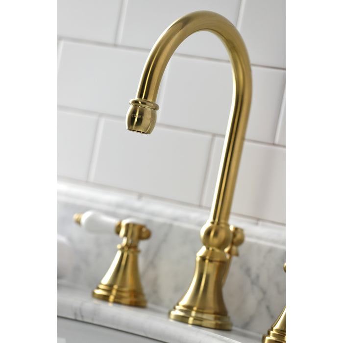 Kingston Tulare KS2987BPL - Bel-Air Two-Handle 3-Hole Deck Mount Widespread Bathroom Faucet with Brass Pop-Up, Brushed Brass