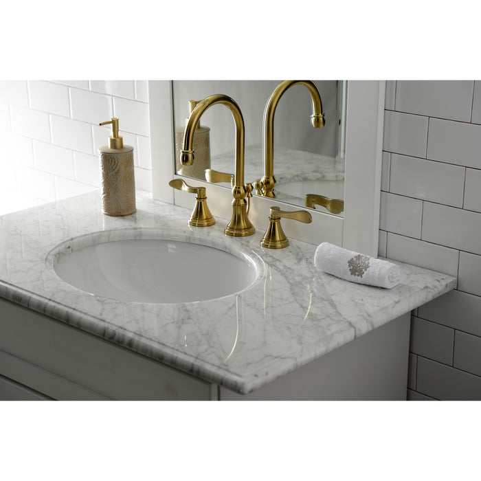 NuFrench KS2987DFL Two-Handle 3-Hole Deck Mount Widespread Bathroom Faucet with Brass Pop-Up, Brushed Brass