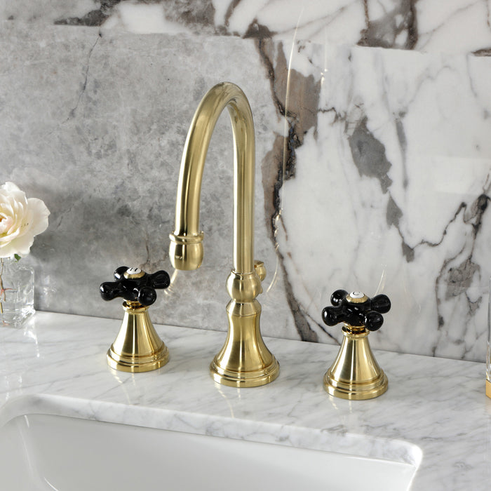 Kingston Tulare KS2987PKX - Duchess Two-Handle 3-Hole Deck Mount Widespread Bathroom Faucet with Brass Pop-Up, Brushed Brass