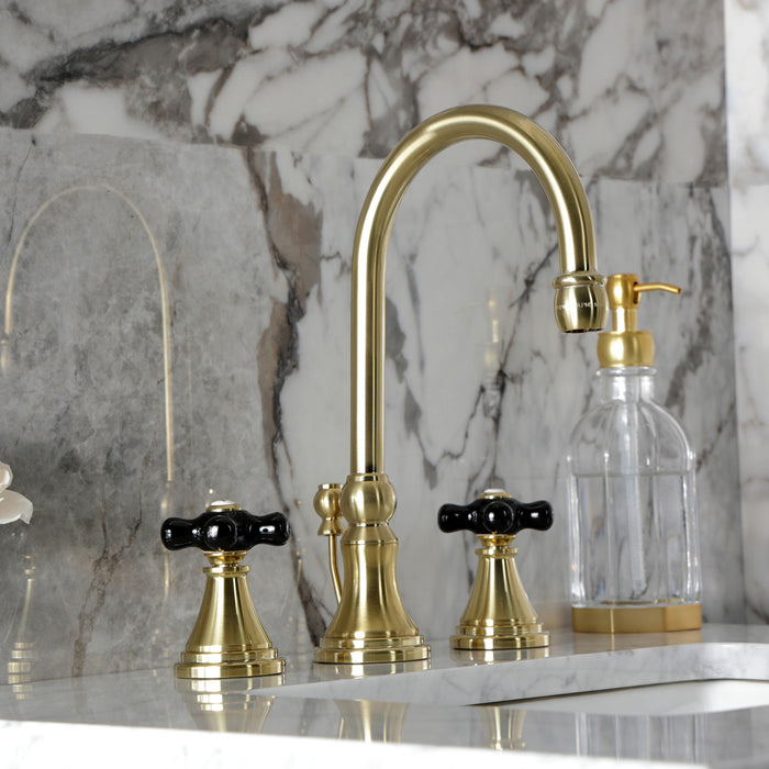 Kingston Tulare KS2987PKX - Duchess Two-Handle 3-Hole Deck Mount Widespread Bathroom Faucet with Brass Pop-Up, Brushed Brass