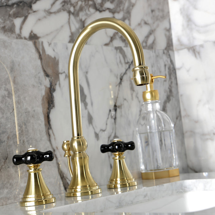 Kingston Tulare KS2987PKX - Duchess Two-Handle 3-Hole Deck Mount Widespread Bathroom Faucet with Brass Pop-Up, Brushed Brass