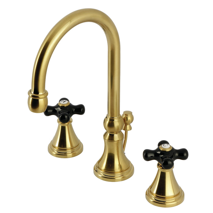 Kingston Tulare KS2987PKX - Duchess Two-Handle 3-Hole Deck Mount Widespread Bathroom Faucet with Brass Pop-Up, Brushed Brass
