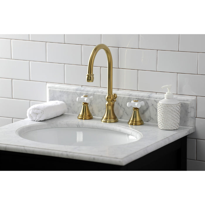 Kingston Tulare KS2987PX - Governor Two-Handle 3-Hole Deck Mount Widespread Bathroom Faucet with Brass Pop-Up, Brushed Brass