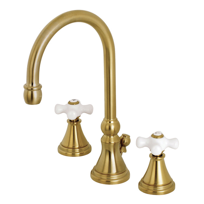Kingston Tulare KS2987PX - Governor Two-Handle 3-Hole Deck Mount Widespread Bathroom Faucet with Brass Pop-Up, Brushed Brass