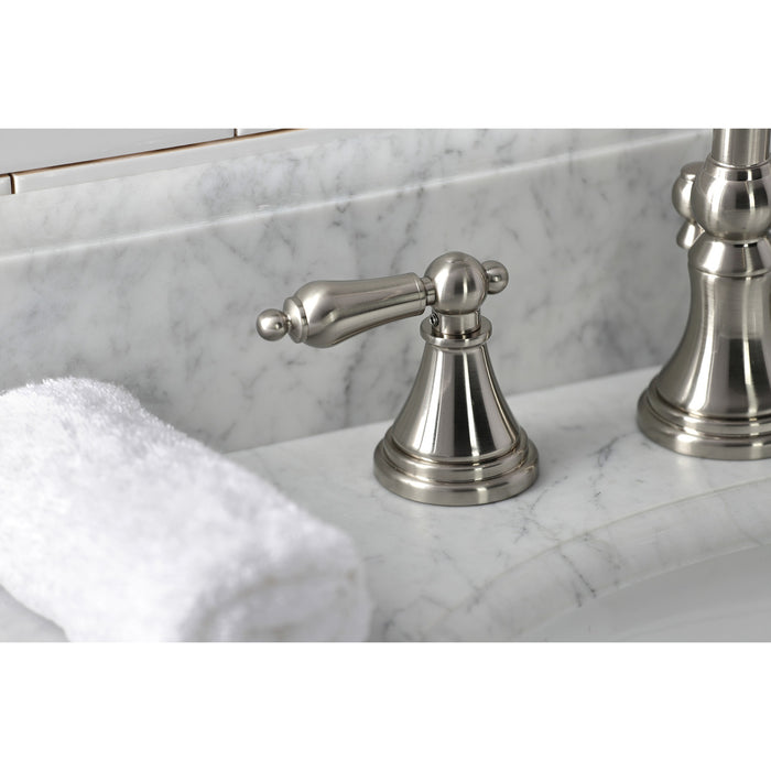 Kingston Tulare KS2988AL - Governor Two-Handle 3-Hole Deck Mount Widespread Bathroom Faucet with Brass Pop-Up, Brushed Nickel